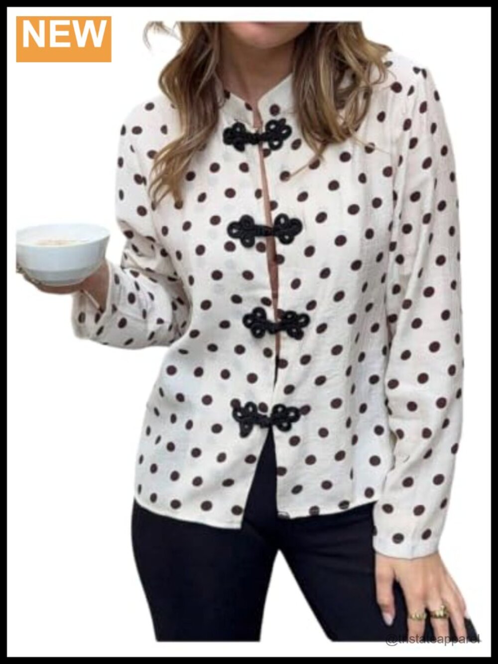 Women's Polka Dot Cheongsam Blouse Mandarin Collar Long Sleeve Button Down Top